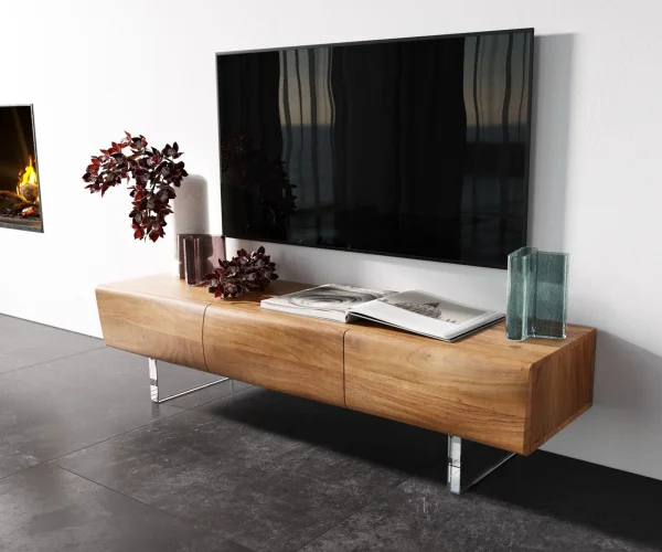 Meuble - TV New Live-Edge 145 cm acacia naturel 3 portes pied acrylique