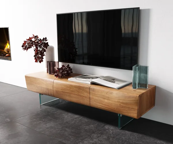 Meuble - TV New Live-Edge 145 cm acacia naturel 3 portes pied en verre