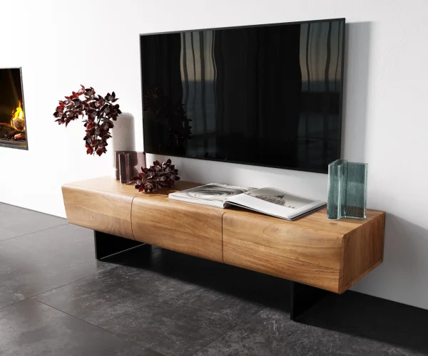 Meuble - TV New Live-Edge 145 cm acacia naturel 3 portes pied flottant métal noir