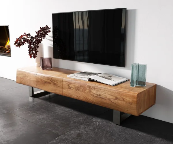Meuble - TV New Live-Edge 175 cm acacia naturel 4 portes patin inox brossé