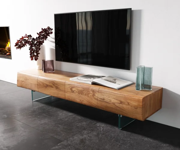 Meuble - TV New Live-Edge 175 cm acacia naturel 4 portes pied en verre