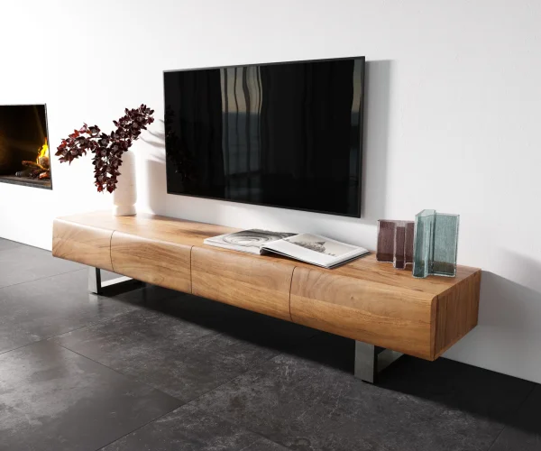 Meuble TV New Live-Edge 200 cm acacia naturel 4 portes patin inox brossé