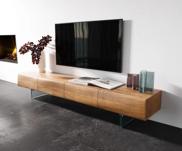 Meuble - TV New Live-Edge 200 cm acacia naturel 4 portes pied en verre