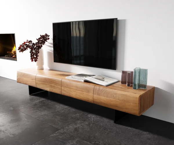 Meuble - TV New Live-Edge 200 cm acacia naturel 4 portes pied flottant métal noir