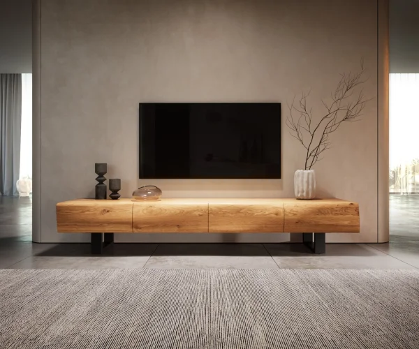 Meuble-TV New Live-Edge 200 cm chêne naturel 4 portes patins métal noir