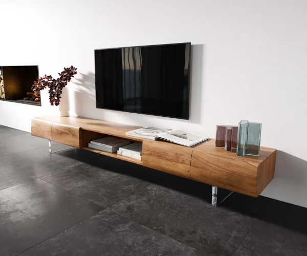 Meuble-TV New Live-Edge 240 cm acacia naturel 4 portes 1 compartiment pied acrylique