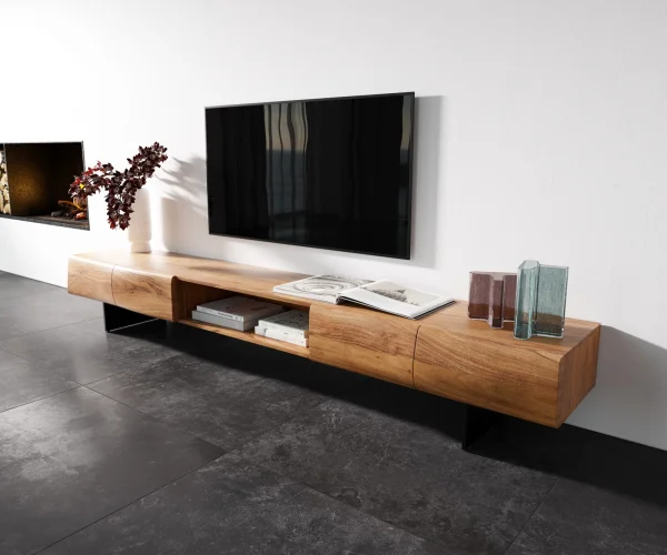 Meuble-TV New Live-Edge 240 cm acacia naturel 4 portes 1 compartiment pied flottant métal noir