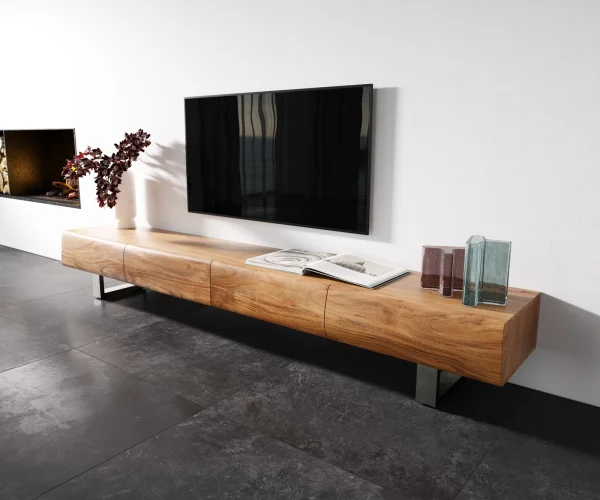Meuble-TV New Live-Edge 240 cm acacia naturel 4 tiroirs patin inoxydable brossé