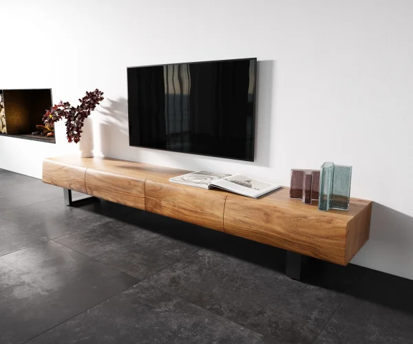 Meuble-TV New Live-Edge 240 cm acacia naturel 4 tiroirs patins métal noir