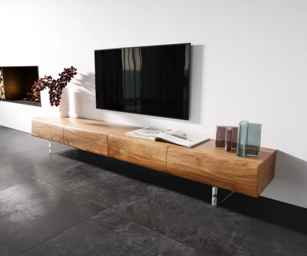 Meuble -TV New Live-Edge 240 cm acacia naturel 4 tiroirs pied acrylique