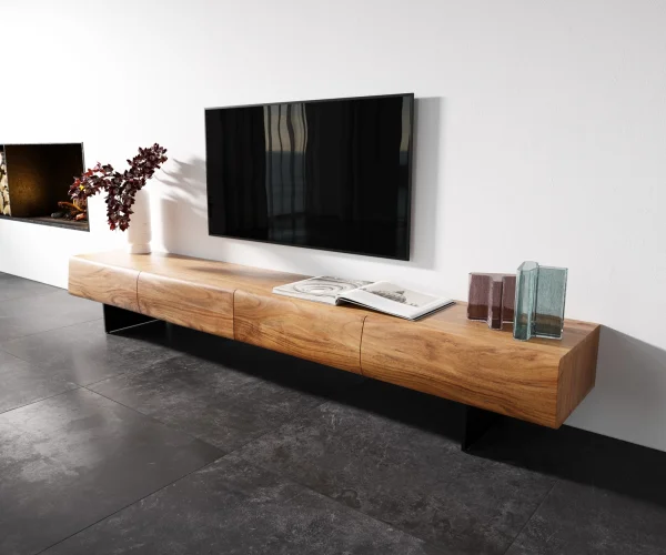 Meuble-TV New Live-Edge 240 cm acacia naturel 4 tiroirs pied flottant métal noir