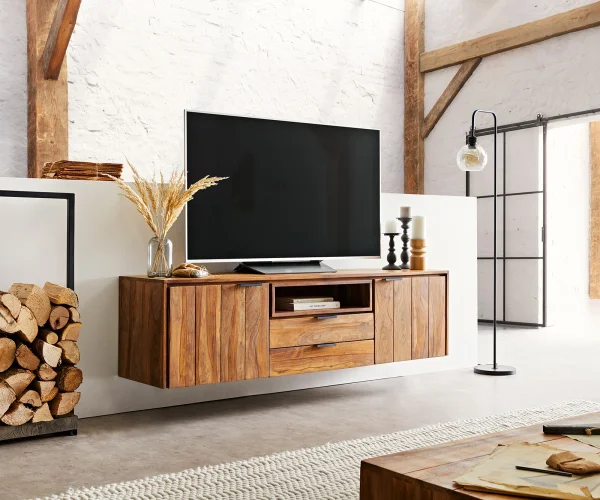 Meuble-TV Nook 175 cm Sheesham naturel 2 portes 2 tiroirs flottants