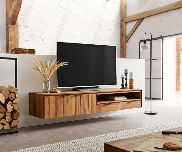 Meuble-TV Nook 200 cm Sheesham naturel 2 portes 2 tiroirs flottants