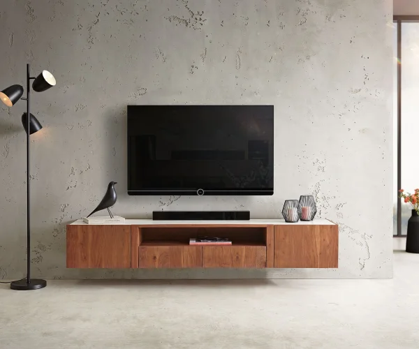 Meuble-TV Secara 200 cm acacia marron 2 portes 2 tiroirs marbre flottant