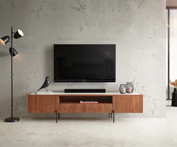 Meuble-TV Secara 200 cm acacia marron 2 portes 2 tiroirs marbre pieds noirs