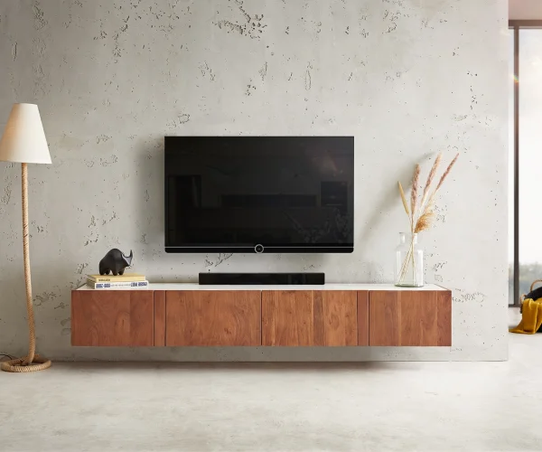 Meuble-TV Secara 200 cm acacia marron 4 portes marbre flottant