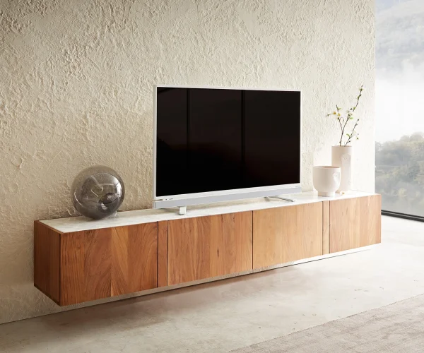 Meuble-TV Secara 200 cm acacia naturel 4 portes marbre flottant