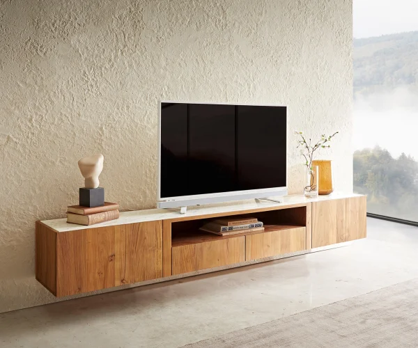 Meuble-TV Secara 220 cm acacia naturel 2 portes 2 tiroirs marbre flottant