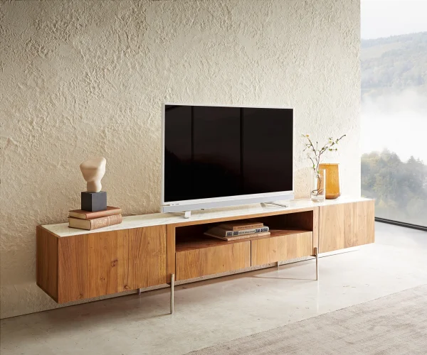 Meuble-TV Secara 220 cm acacia naturel 2 portes 2 tiroirs marbre pieds inoxydable