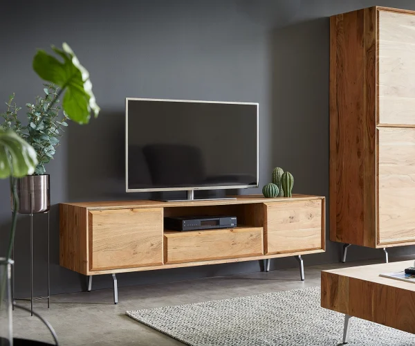 Meuble-TV Shari 160 cm acacia naturel 2 portes 1 tiroir 1 compartiment pied équerre inoxydable