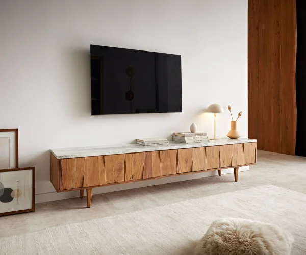 Meuble-TV Shia 200cm acacia naturel marbre gris-blanc 4 portes
