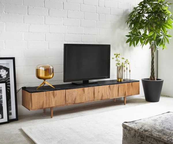 Meuble-TV Shia 200cm acacia naturel marbre noir 4 portes