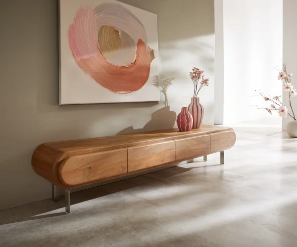 Meuble-TV Sohara 175 cm acacia naturel 4 portes pied en L argenté