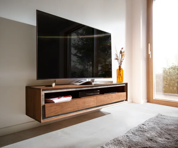 Meuble-TV Stonegrace 145 cm acacia marron placage pierre 2 tiroirs 1 compartiment suspendu