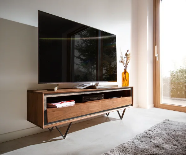 Meuble-TV Stonegrace 145 cm acacia marron plaqué pierre 2 tiroirs 1 compartiment pied en V noir