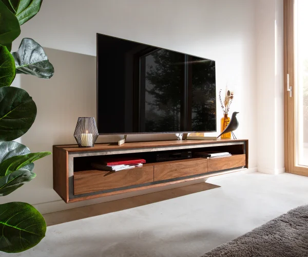 Meuble-TV Stonegrace 175 cm acacia marron placage pierre 3 tiroirs 1 compartiment suspendu