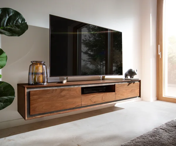 Meuble-TV Stonegrace 175 cm acacia marron plaqué pierre 2 portes 1 tiroir 1 compartiment suspendu