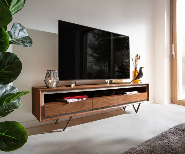 Meuble-TV Stonegrace 175 cm acacia marron plaqué pierre 3 tiroirs 1 compartiment pied en V noir