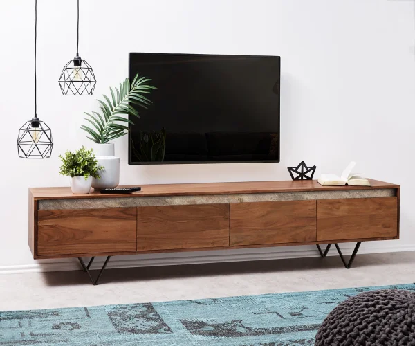 Meuble-TV Stonegrace 200 cm acacia marron ardoise 4 tiroirs pied en V noir