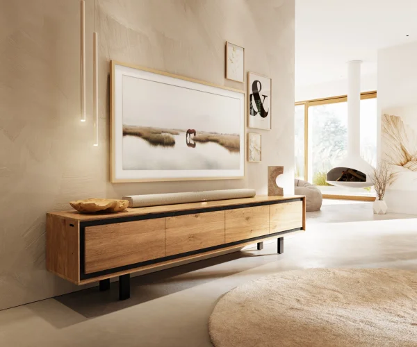 Meuble-TV  Stonegrace 200 cm chêne naturel 4 portes pied carré métal noir