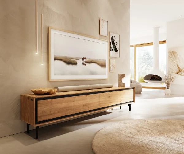 Meuble-TV Stonegrace 200 cm chêne naturel 4 portes pied ovale métal noir