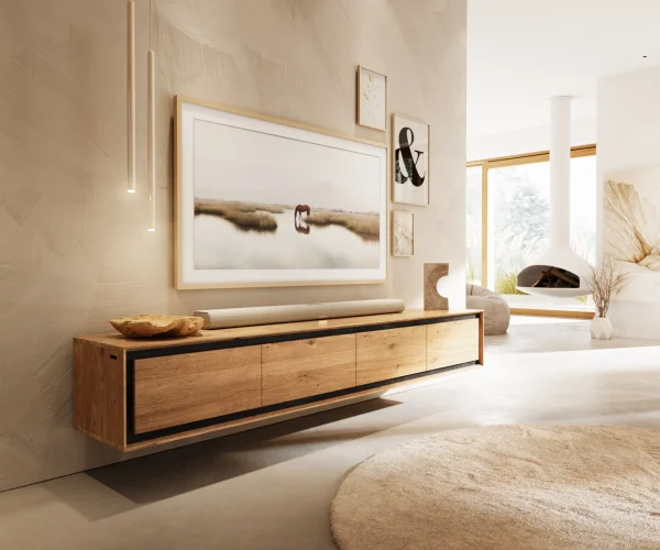Meuble-TV Stonegrace 200 cm chêne naturel 4 portes placage pierre flottant