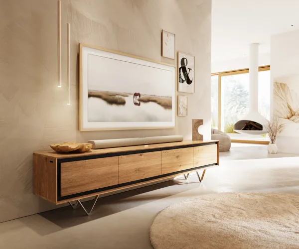 Meuble-TV Stonegrace 200 cm chêne naturel 4 portes placage pierre pied en V inoxydable