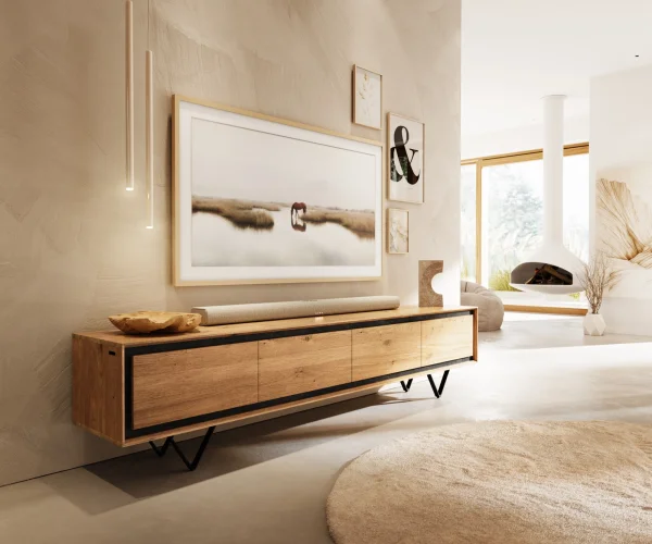 Meuble-TV Stonegrace 200 cm chêne naturel 4 portes placage pierre pied en V métal noir