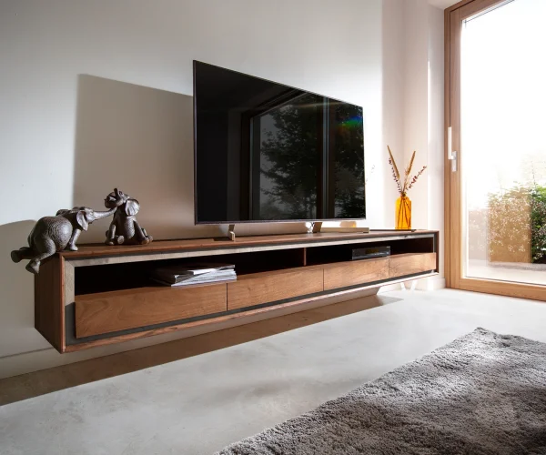 Meuble-TV Stonegrace 240 cm acacia marron plaqué pierre 4 tiroirs 1 compartiment suspendu