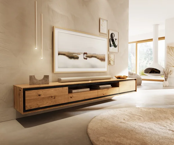 Meuble-TV Stonegrace 240 cm Chêne Naturel 2 portes 1 compartiment 2 tiroirs Placage pierre Suspendu