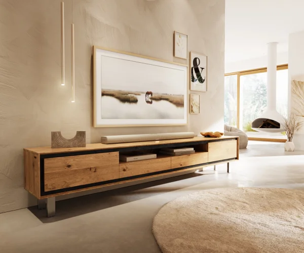 Meuble-TV Stonegrace 240 cm Chêne naturel 2 portes 2 tiroirs 1 compartiment Pied carré inoxydable brossé
