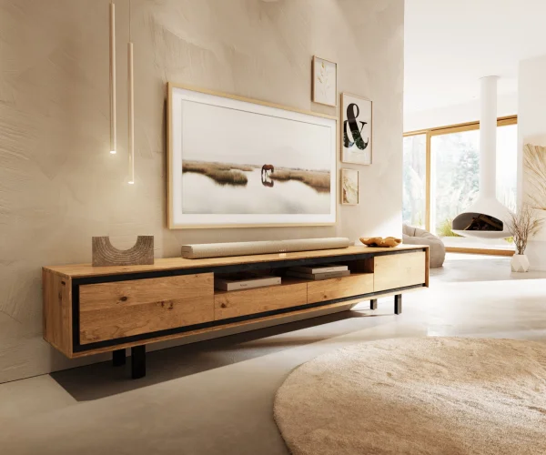 Meuble-TV Stonegrace 240 cm Chêne naturel 2 portes 2 tiroirs 1 compartiment Pied carré métal noir