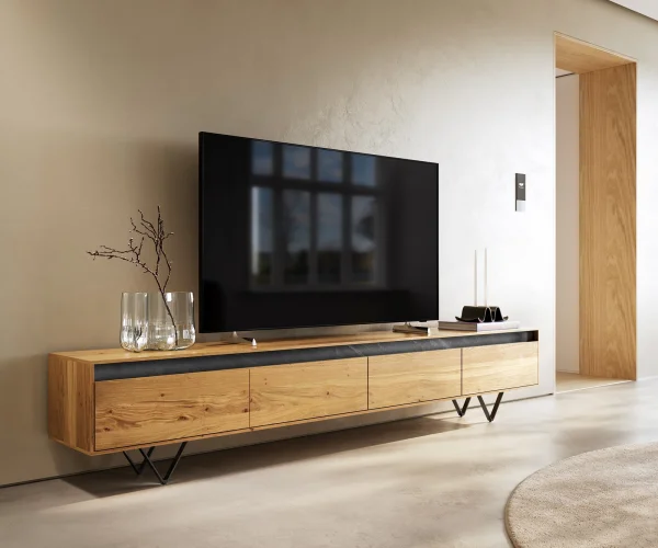 Meuble TV Stonegrace 240 cm chêne naturel 4 portes pied en V métal noir