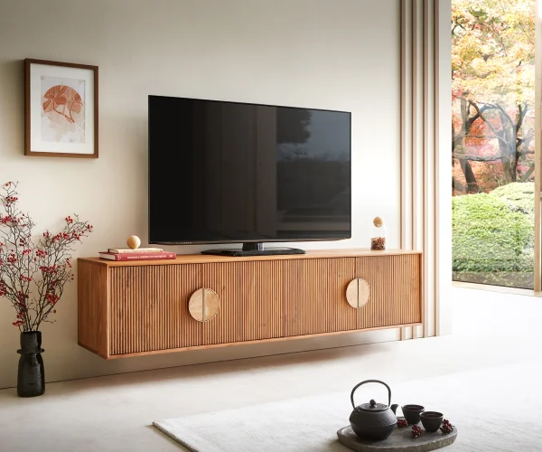 Meuble-TV Surimu 175 cm acacia marron clair 4 portes poignée liège flottante