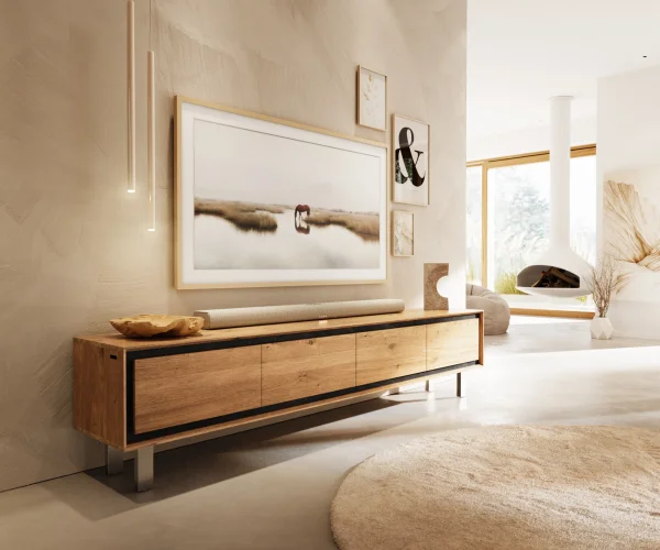Meuble-TV tonegrace 200 cm chêne naturel 4 portes pied carré inoxydable brossé