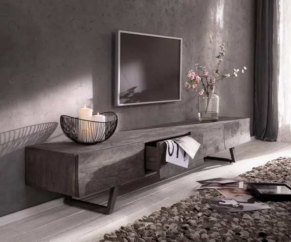 Meuble-TV Wyatt 220 cm acacia platine 4 tiroirs