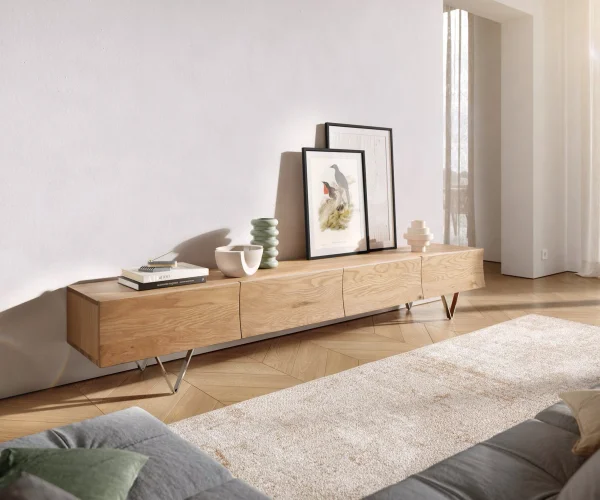 Meuble-TV Wyatt 220 cm chêne naturel 4 tiroirs pied en V inoxydable