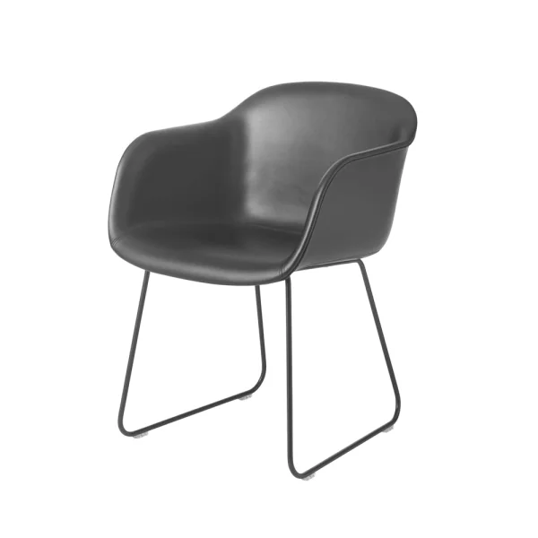 Muuto Chaise avec accoudoirs Fiber sled base Refine cuir noir-noir