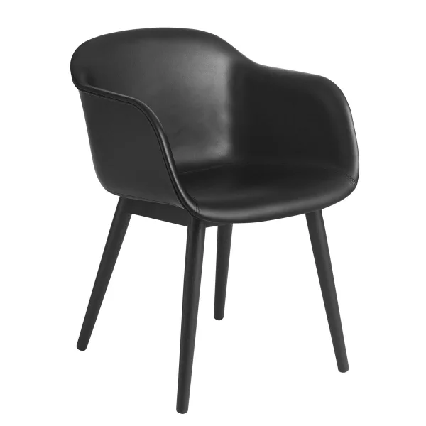 Muuto Chaise Fiber Chair avec accoudoir et pieds en bois Cuir noir-noir