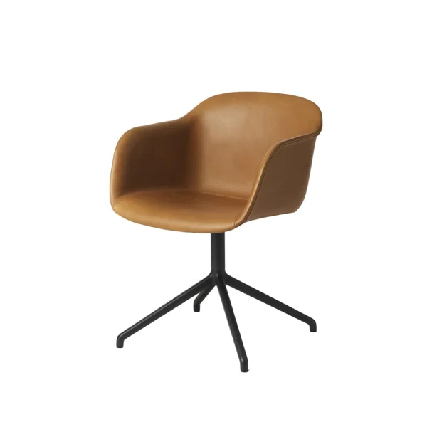 Muuto Fiber armchair chaise de bureau avec base pivotante Cognac leather-anthracite black